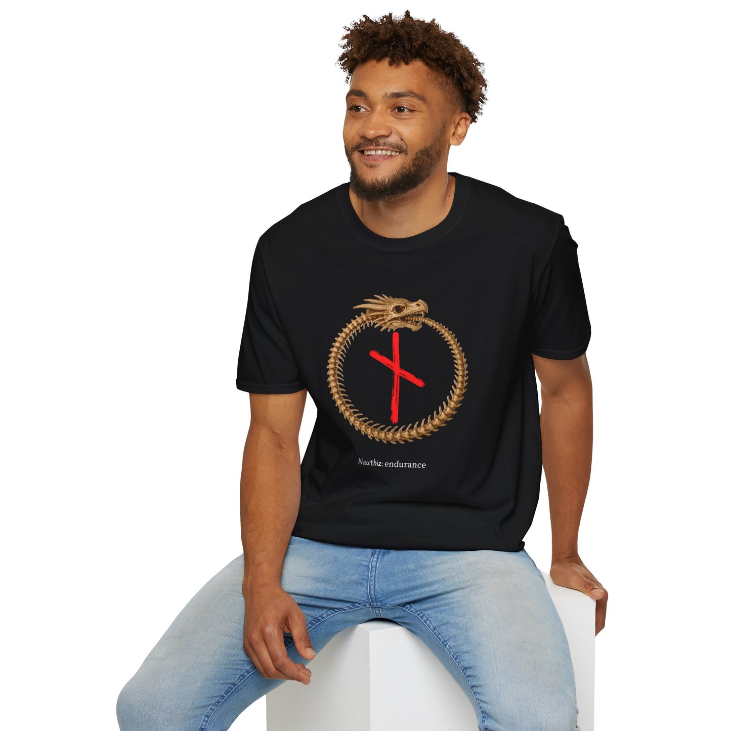 Men's Ouroboros Skeleton Endurance: Nauthiz Norse Viking Rune T Shirt