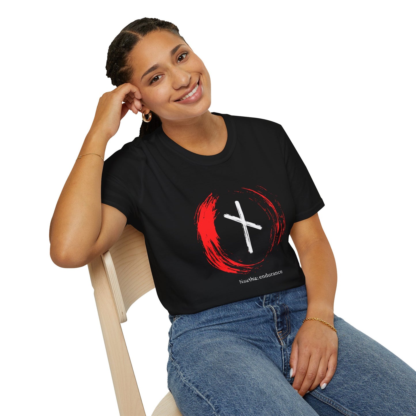 Women's Red Brush Circle Endurance: Nauthiz Norse Viking Rune T Shirt