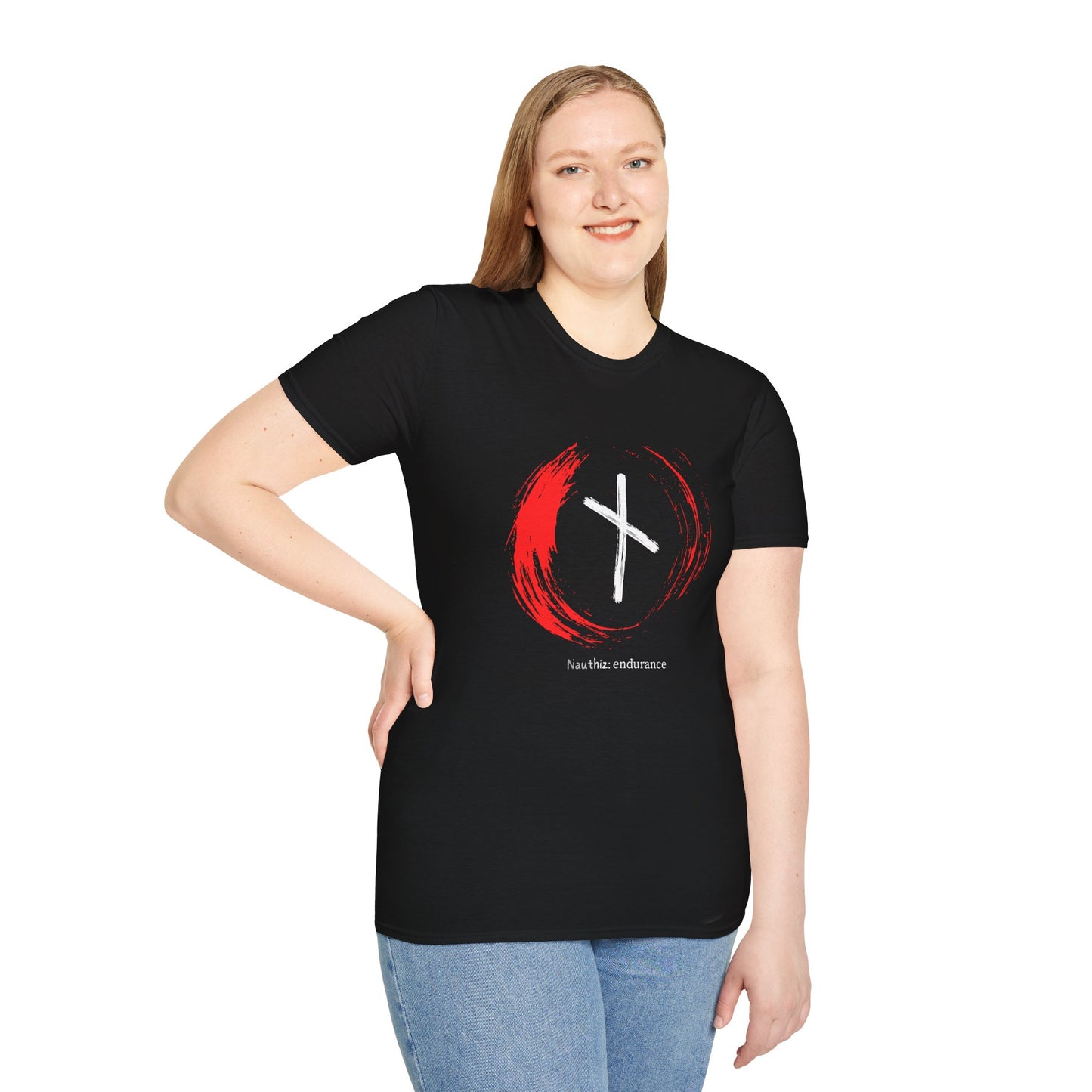 Women's Red Brush Circle Endurance: Nauthiz Norse Viking Rune T Shirt