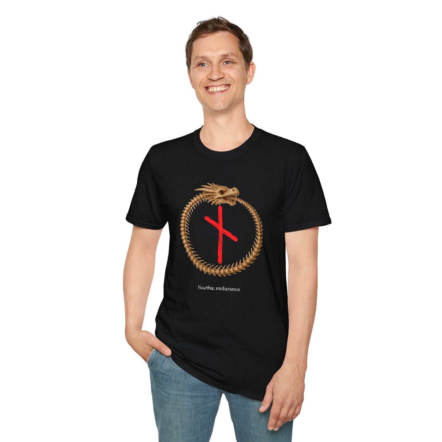 Men's Ouroboros Skeleton Endurance: Nauthiz Norse Viking Rune T Shirt