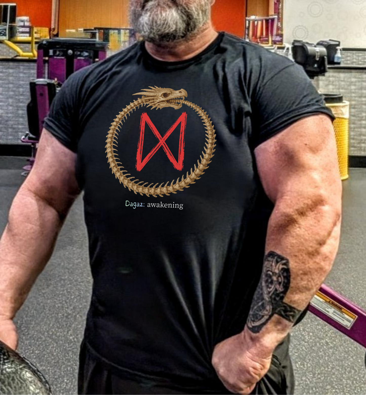 Men's Ouroboros Skeleton Dragon Awakening: Dagaz Norse Viking Rune T-Shirt