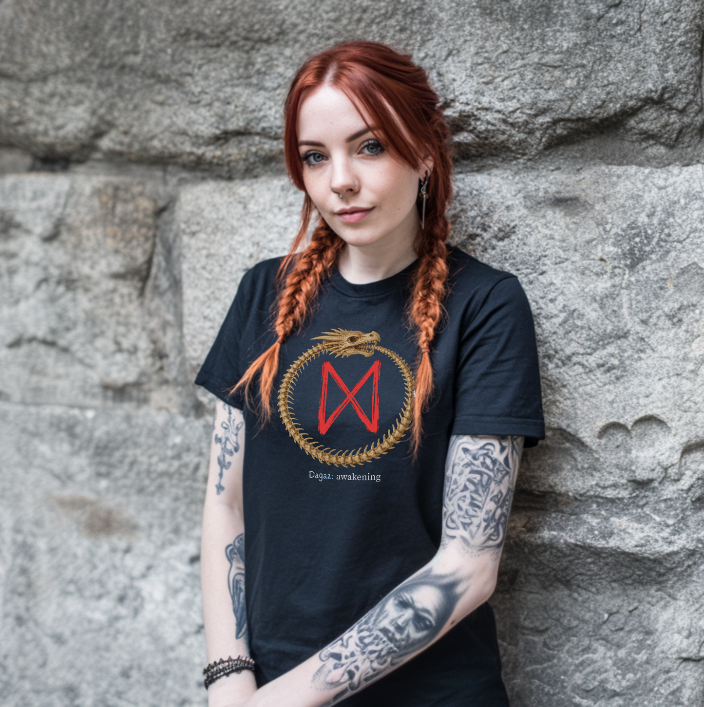 Women's Ouroboros Skeleton Dragon Awakening: Dagaz Norse Viking Rune T-Shirt