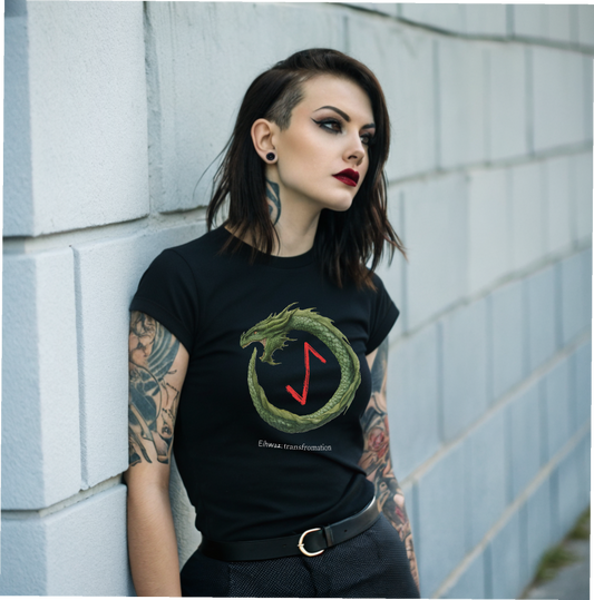 Women's Green Ouroboros Transformation Eihwaz Norse Viking Rune T-Shirt