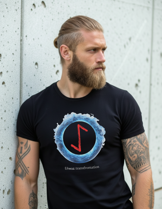 Men's Blue Fire Ring Transformation Eihwaz Norse Viking Rune T-Shirt