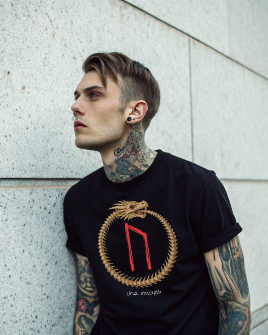 Men's Ouroboros Skeleton Strength: Uruz Norse Viking Rune T Shirt