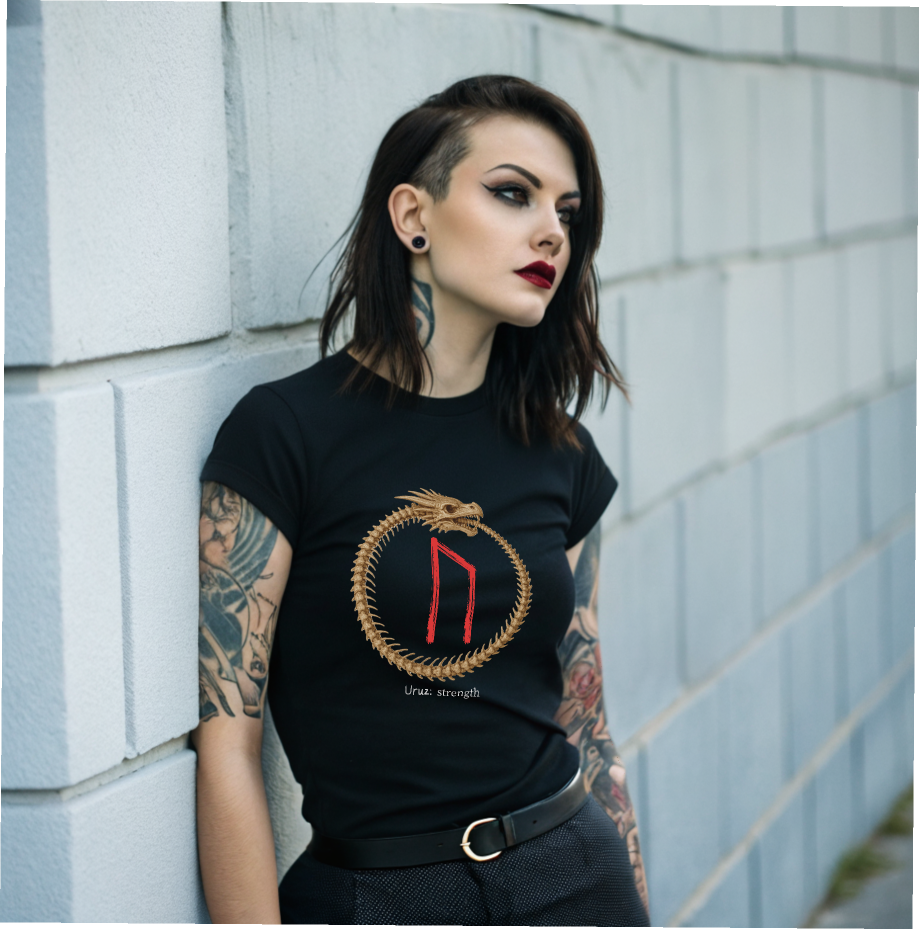 Women's Ouroboros Skeleton Strength: Uruz Norse Viking Rune T Shirt
