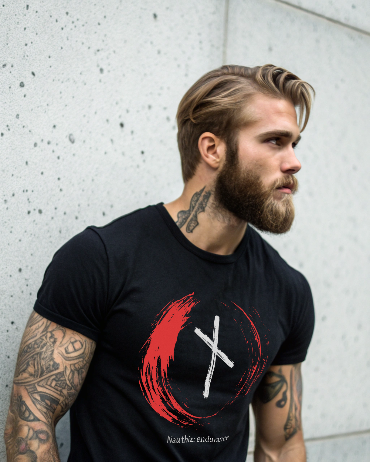 Men's Red Brush Circle Endurance: Nauthiz Norse Viking Rune T Shirt