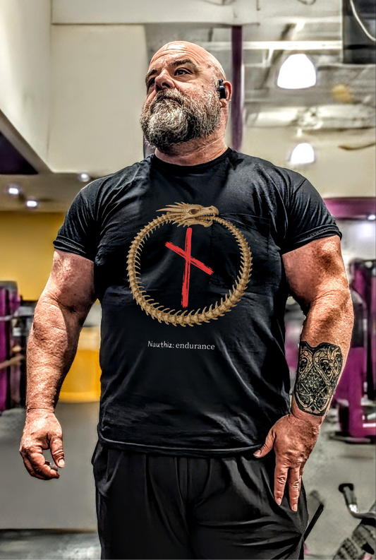 Men's Ouroboros Skeleton Endurance: Nauthiz Norse Viking Rune T Shirt