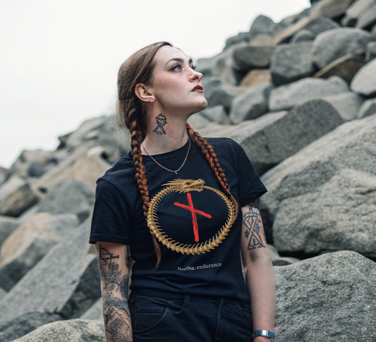Women's Ouroboros Skeleton Endurance: Nauthiz Norse Viking Rune T Shirt