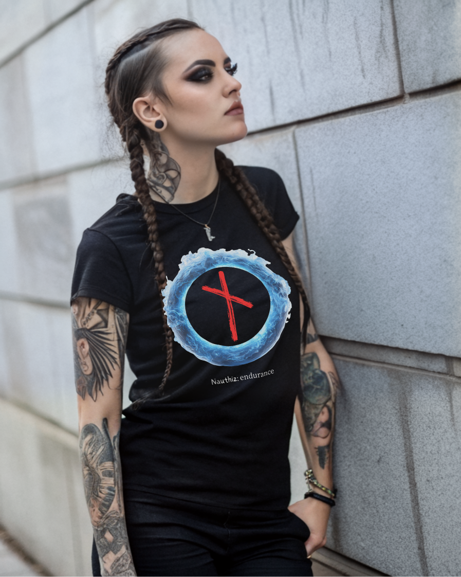 Women's Blue Fire Ring Endurance: Nauthiz Norse Viking Rune T Shirt