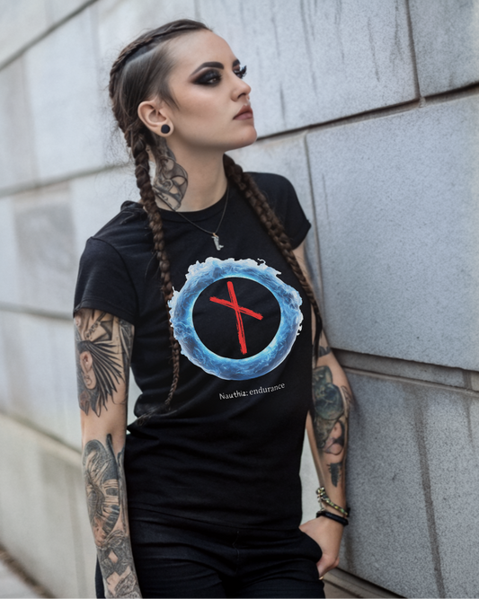 Women's Blue Fire Ring Endurance: Nauthiz Norse Viking Rune T Shirt