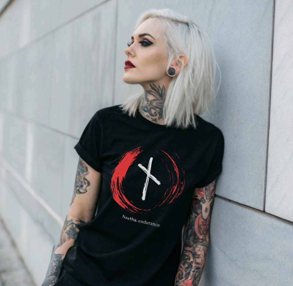 Women's Red Brush Circle Endurance: Nauthiz Norse Viking Rune T Shirt