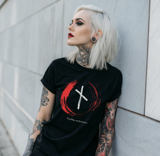 Women's Red Brush Circle Endurance: Nauthiz Norse Viking Rune T Shirt