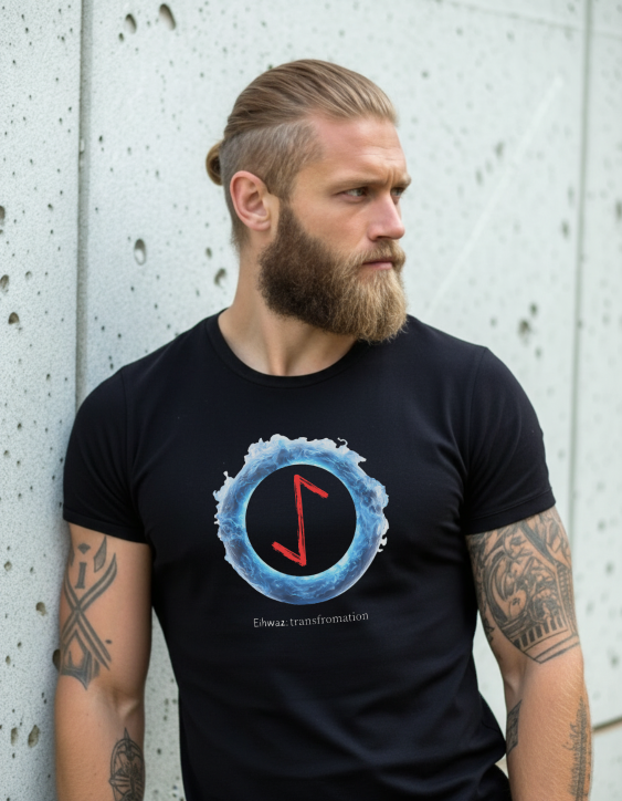 Men's Blue Fire Ring Transformation Eihwaz Norse Viking Rune T-Shirt