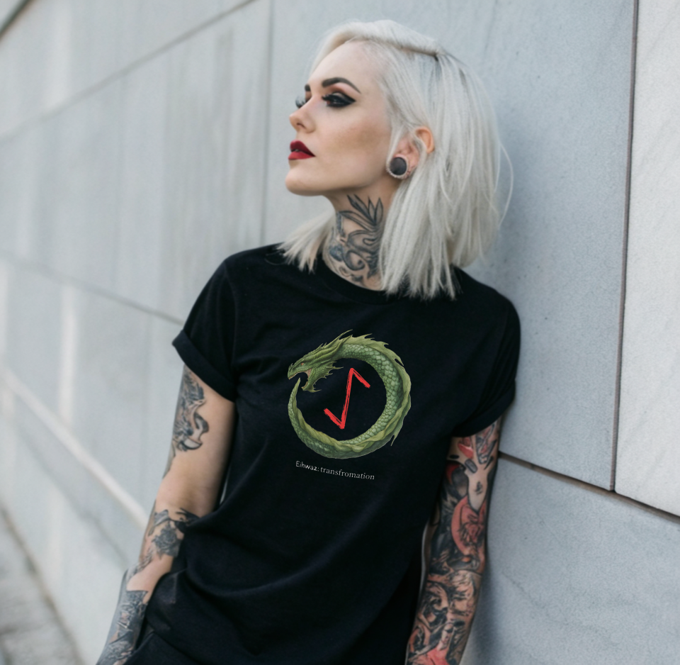 Women's Green Ouroboros Transformation Eihwaz Norse Viking Rune T-Shirt