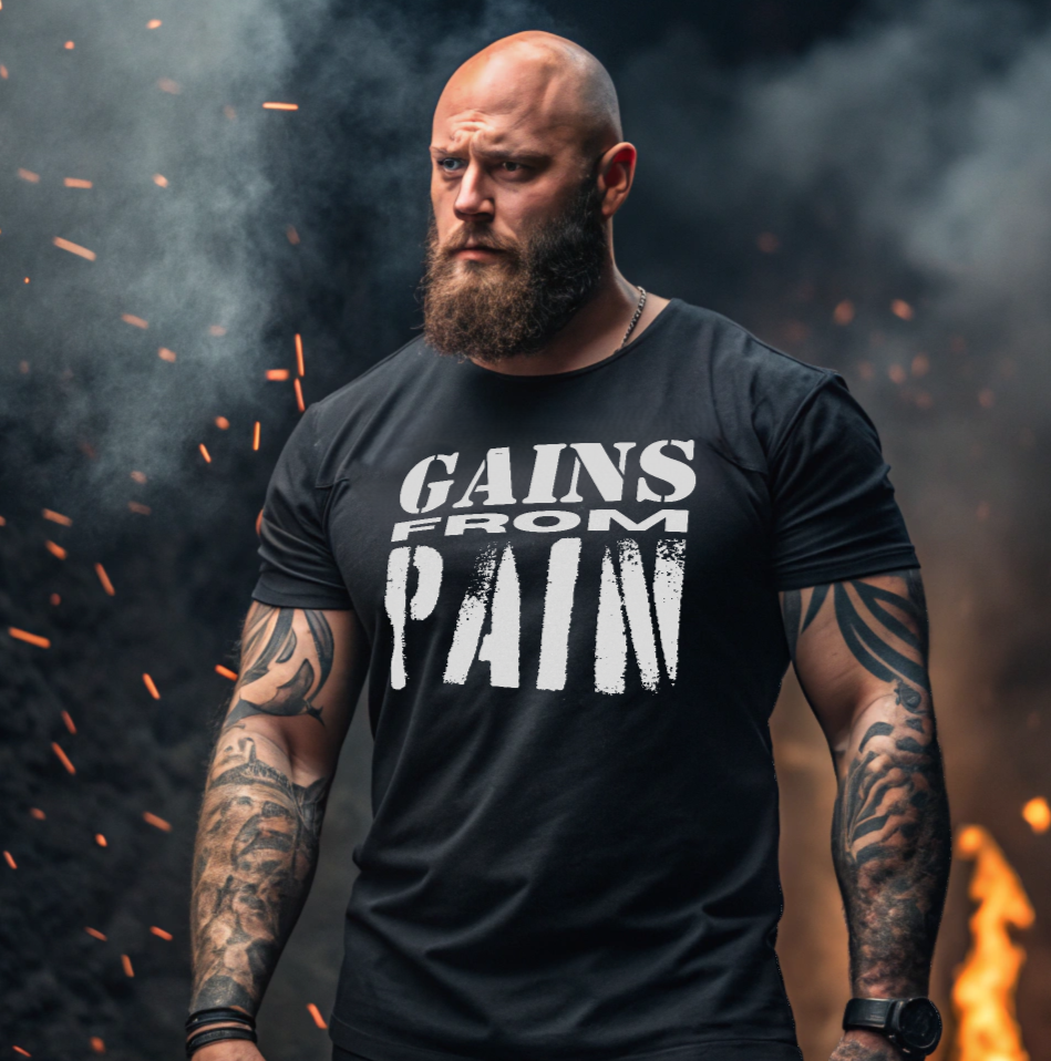 Gains From Pain T-Shirt:  Motivational Gym and Fitness Workout Tee