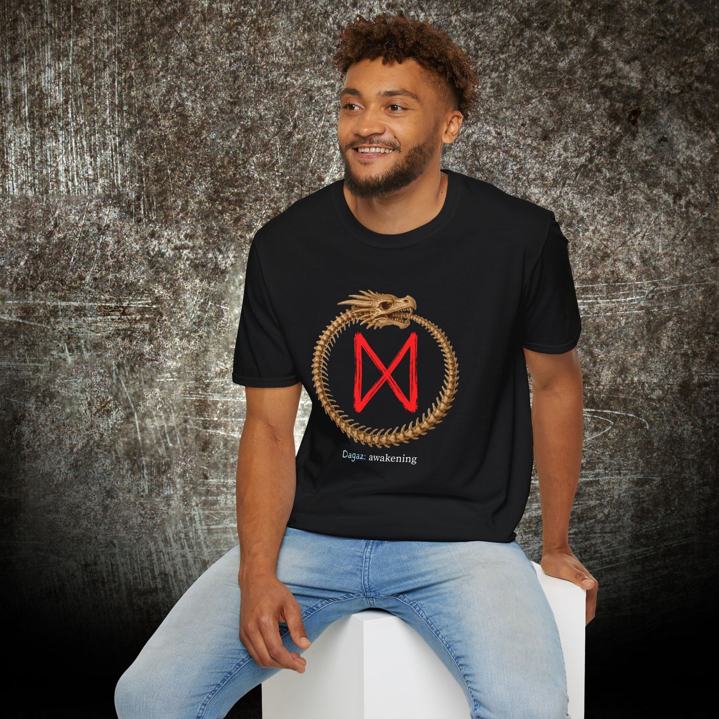 Men's Ouroboros Skeleton Dragon Awakening: Dagaz Norse Viking Rune T-Shirt