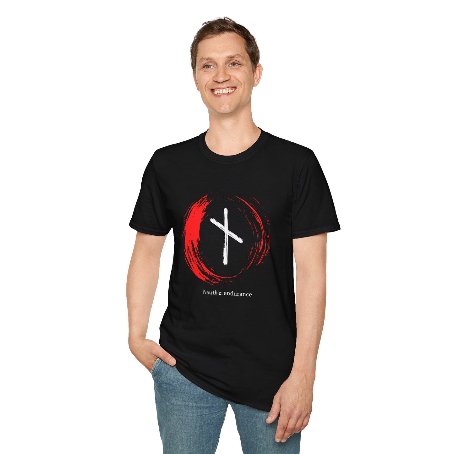 Men's Red Brush Circle Endurance: Nauthiz Norse Viking Rune T Shirt