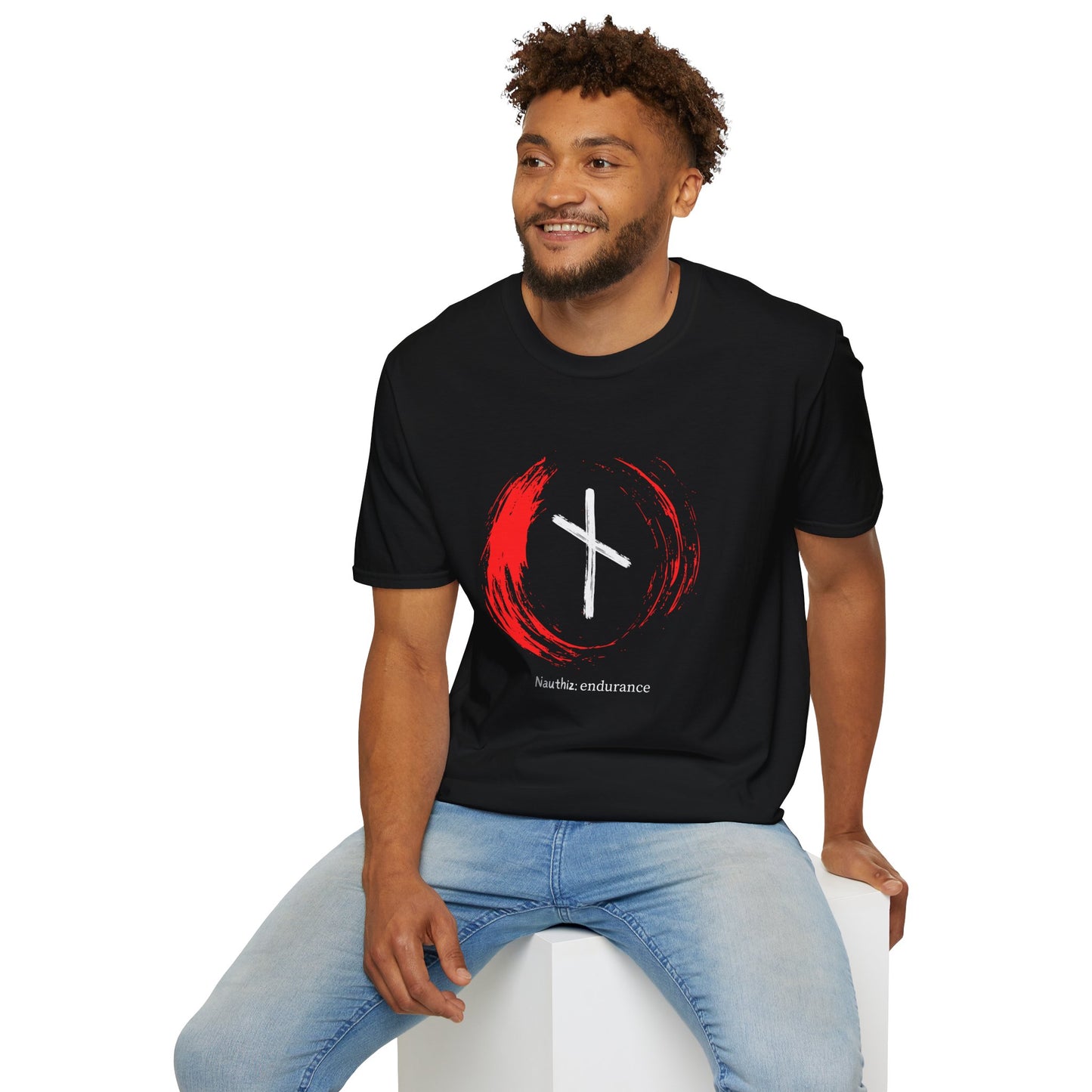 Men's Red Brush Circle Endurance: Nauthiz Norse Viking Rune T Shirt