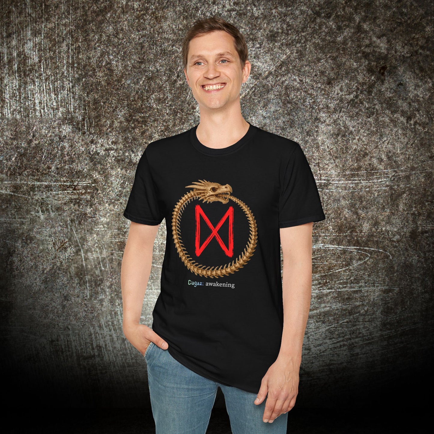 Men's Ouroboros Skeleton Dragon Awakening: Dagaz Norse Viking Rune T-Shirt