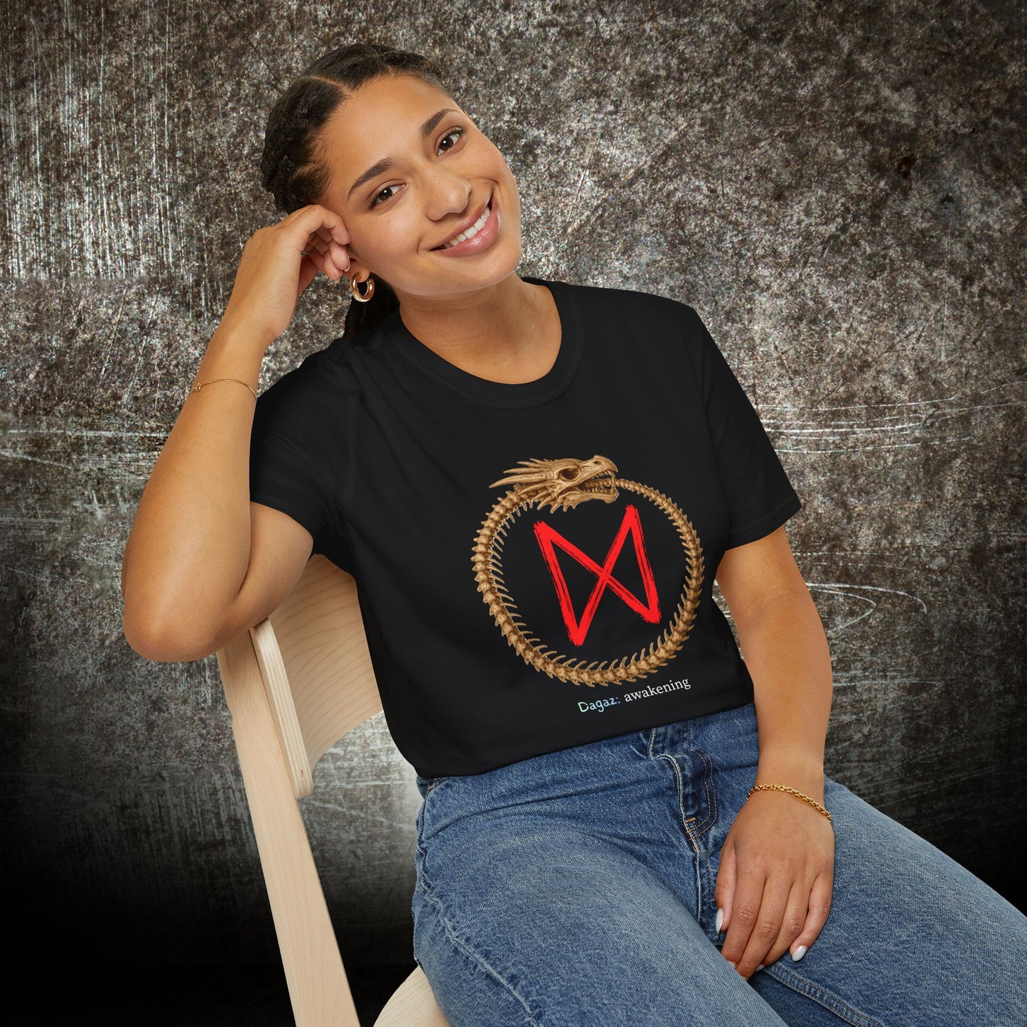 Women's Ouroboros Skeleton Dragon Awakening: Dagaz Norse Viking Rune T-Shirt